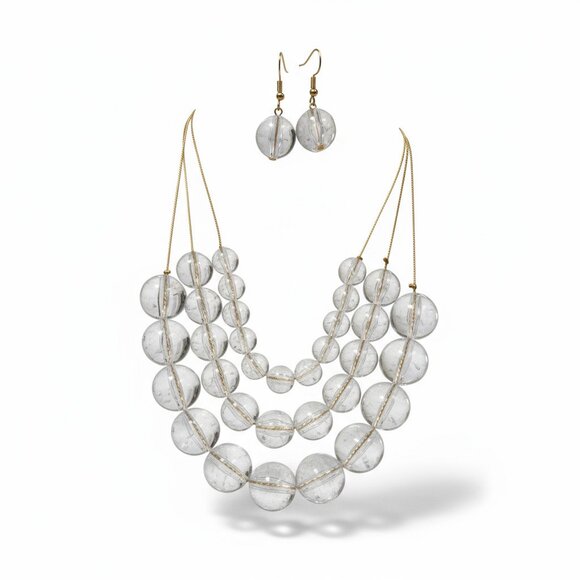 Three Layers Clear Lucite Bead Gold Tone Link Gradual Necklace Earring Set - Picture 1 of 2